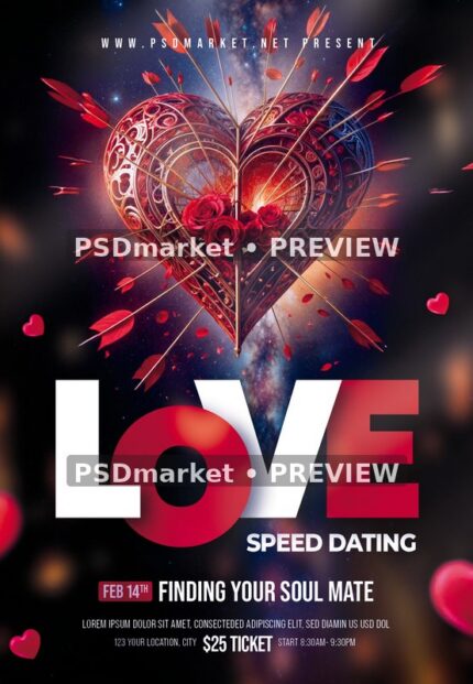 Ornate Arrow Heart Speed Dating Flyer PSD Template — PSD template preview