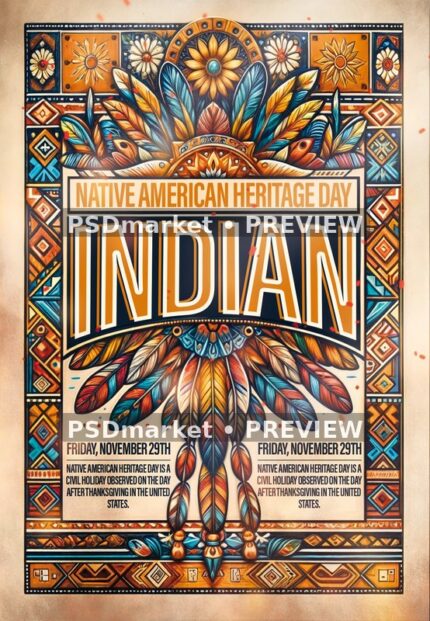 Ornate Feather Native American Heritage Day Flyer PSD Template — PSD template preview