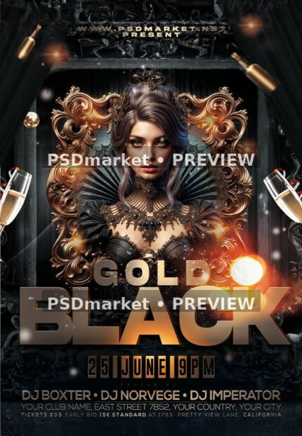 Black and gold glamour flyer with ornate frame, woman portrait, champagne glasses and large metallic headline. Two horizontal PSDmarket preview watermarks.