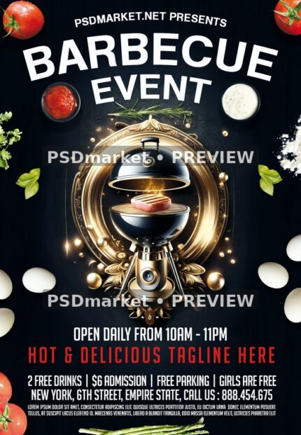 Ornate Gold Grill Barbecue Event Flyer PSD Template — PSD template preview