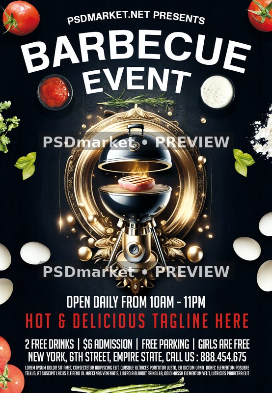 Ornate Gold Grill Barbecue Event Flyer PSD Template — PSD template preview