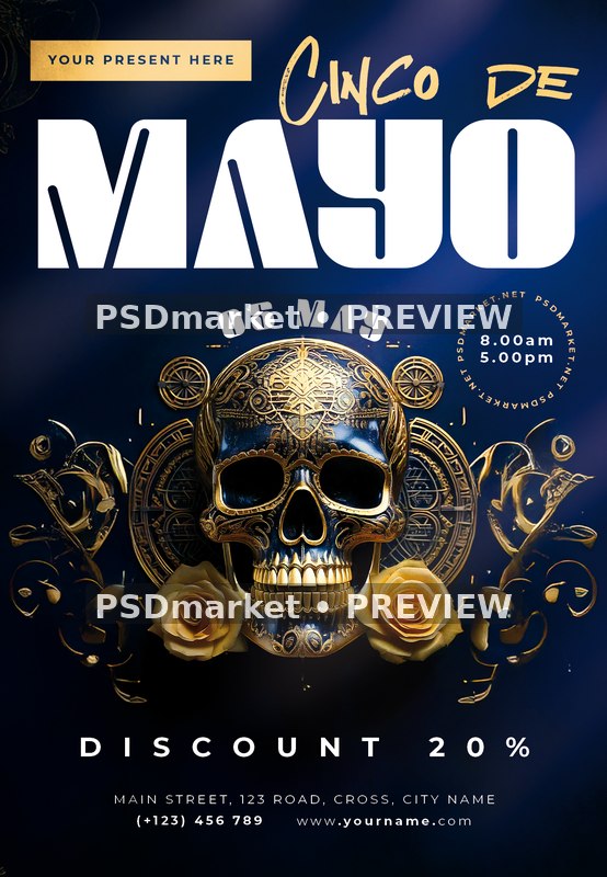 Ornate Gold Skull Cinco de Mayo Sale Flyer PSD Template — PSD template preview