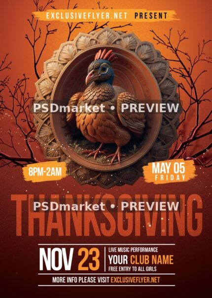 Ornate Oval Turkey Thanksgiving Festival Flyer PSD Template — reduced watermarked source artwork preview