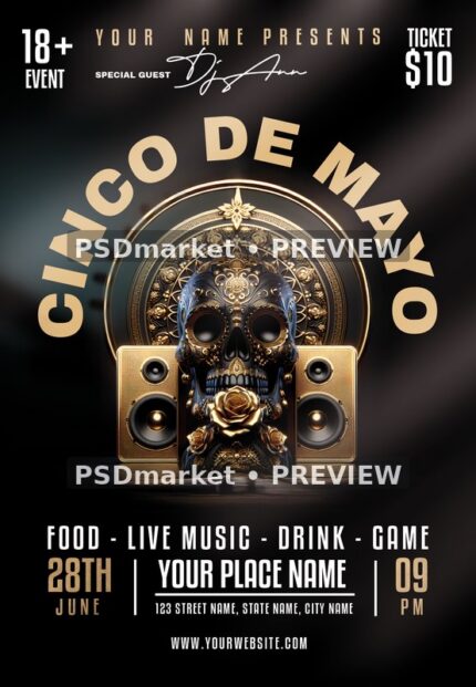 Ornate Skull Speakers Cinco de Mayo Flyer PSD Template — PSD template preview