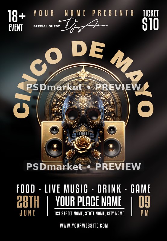 Ornate Skull Speakers Cinco de Mayo Flyer PSD Template — PSD template preview