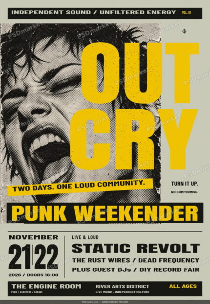Watermarked preview of OUTCRY Punk Weekender flyer with yellow typography and black halftone singer on distressed paper