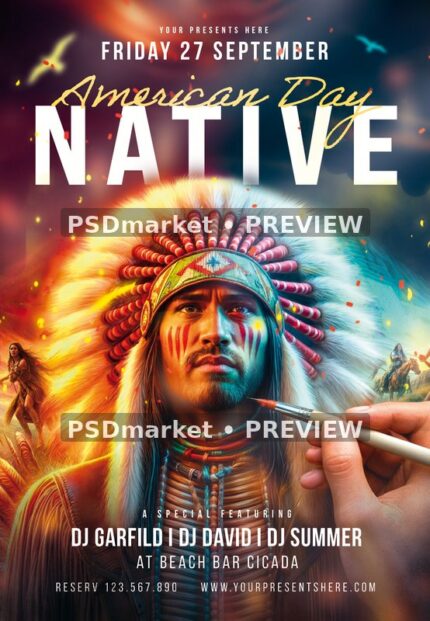 Paintbrush Portrait Native American Day Flyer PSD Template — PSD template preview
