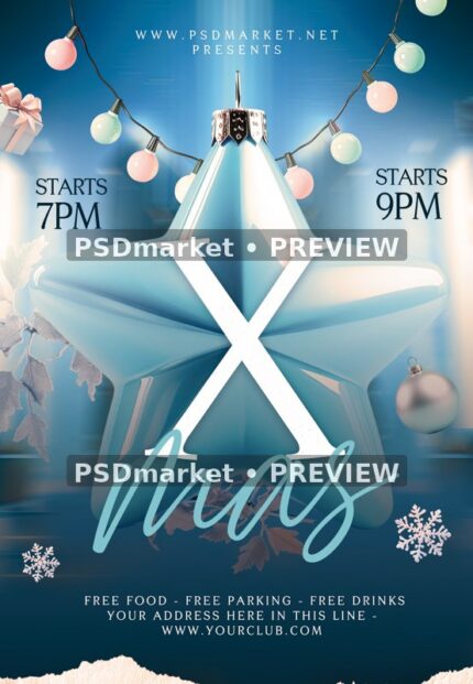 Pale Blue Star Ornament Xmas Flyer PSD Template — reduced watermarked source artwork preview