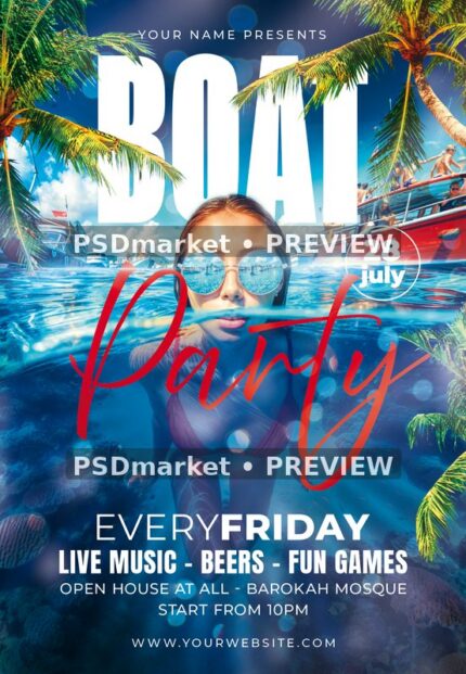 Palm Framed Swimmer Boat Party Flyer PSD Template — PSD template preview