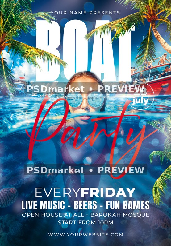 Palm Framed Swimmer Boat Party Flyer PSD Template — PSD template preview