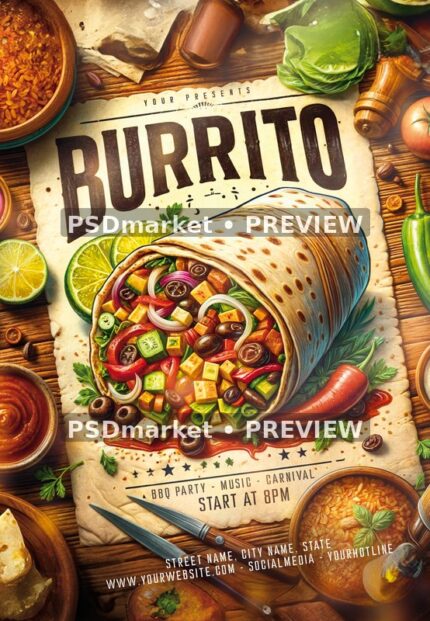Parchment Burrito Party Flyer PSD Template — PSD template preview