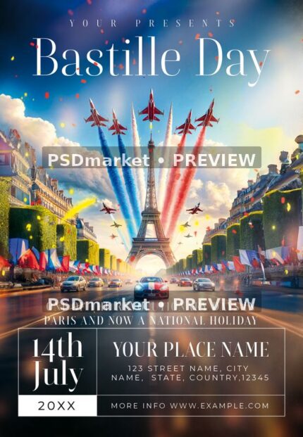 Paris Tricolor Airshow Bastille Day Flyer PSD Template — PSD template preview