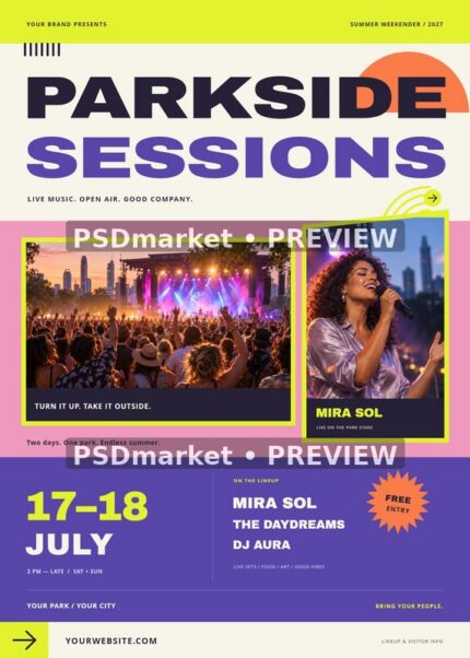 Parkside Sessions Summer Music Festival Flyer PSD Template — PSD template preview