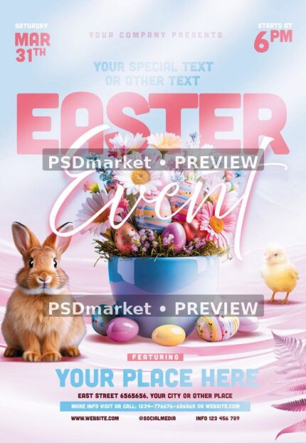 Pastel Bunny Flowers Easter Event Flyer PSD Template — PSD template preview