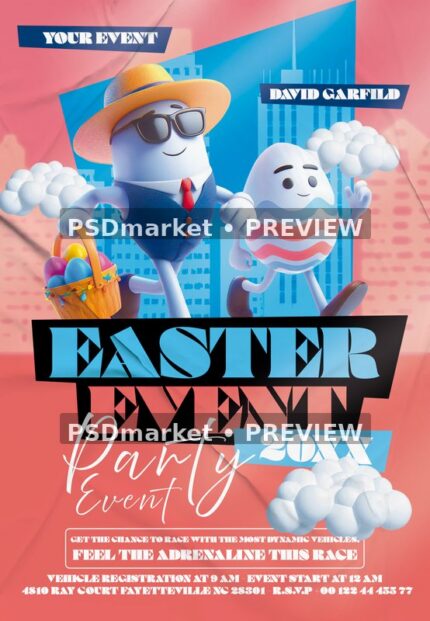 Pastel Egg Characters Easter Day Flyer PSD Template showing two cheerful egg-shaped characters occupy a pink and turquoise scene: one wears a hat, glasses, tie, and vest, while the other has colorful decorative stripes with two PSDmarket preview watermarks