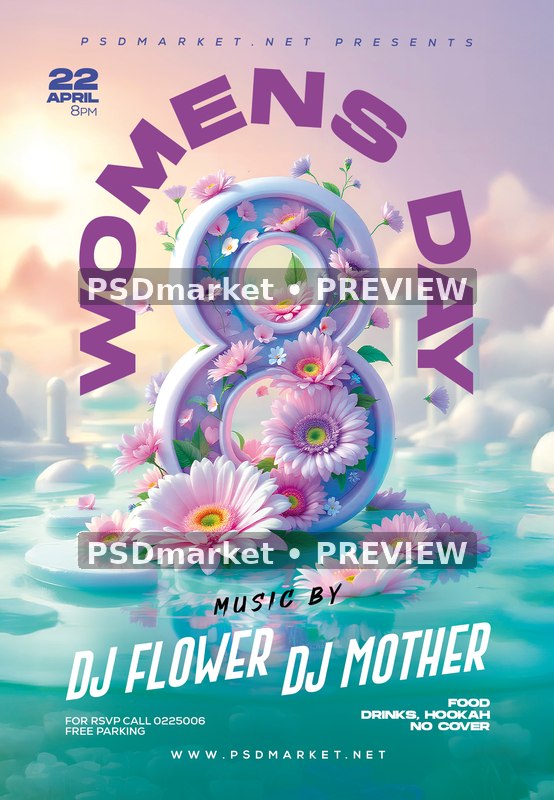 Pastel Flower Eight Women's Day Flyer PSD Template — PSD template preview