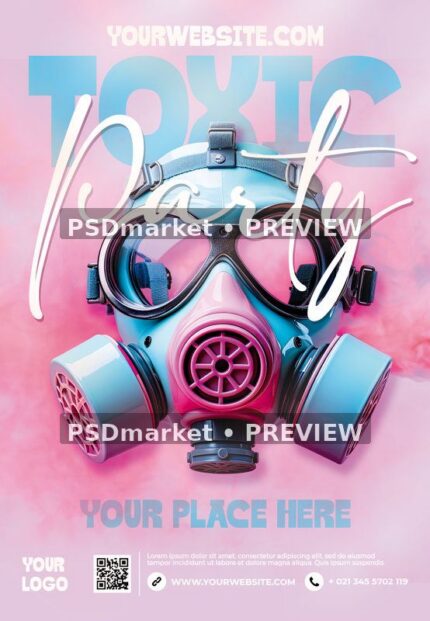 Pastel pink Toxic Party flyer with cyan gas mask, white script lettering and preview watermarks