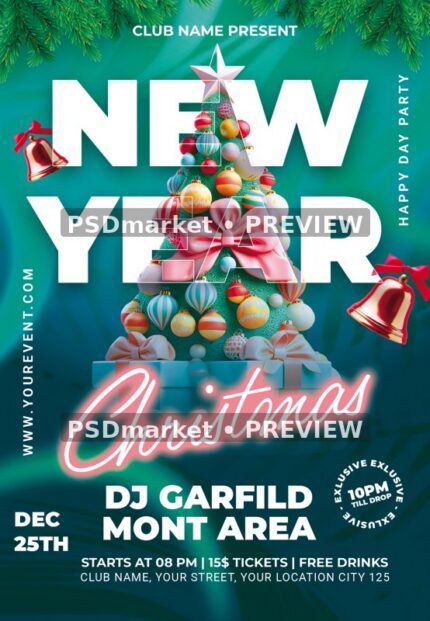 Pastel Ornament Tree Christmas New Year Flyer PSD Template — reduced watermarked source artwork preview