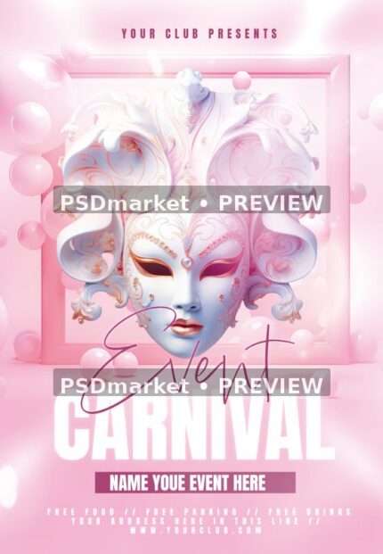 Pastel pink carnival flyer with ornate white masquerade mask, glossy frame and flowing event script