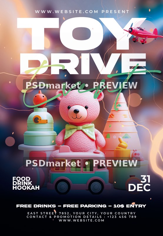 Pastel Teddy Toy Drive Event Flyer PSD Template — PSD template preview