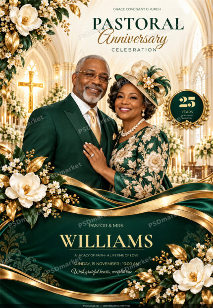 Pastoral Anniversary Emerald Grace flyer with editable English event text – PSDmarket watermarked preview