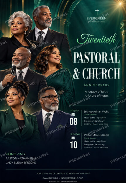 Pastoral Anniversary Evergreen flyer with editable English event text – PSDmarket watermarked preview