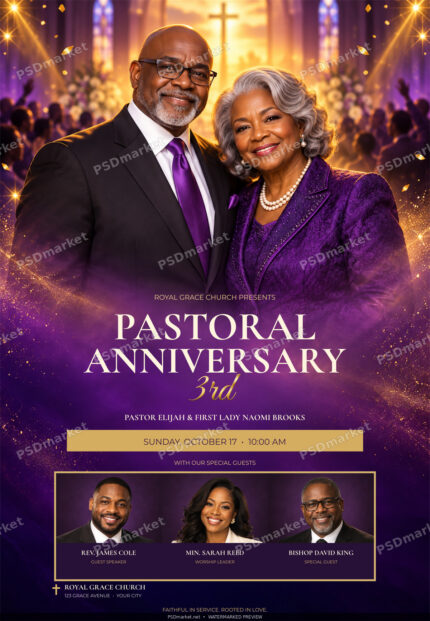 Pastoral Anniversary — Royal Grace editable PSD flyer with PSDmarket preview watermark