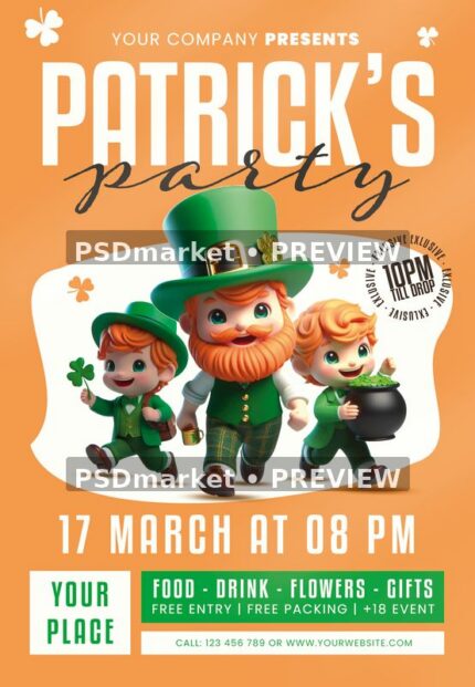 Orange Patricks Party flyer with three illustrated leprechauns, large white title and green information blocks.