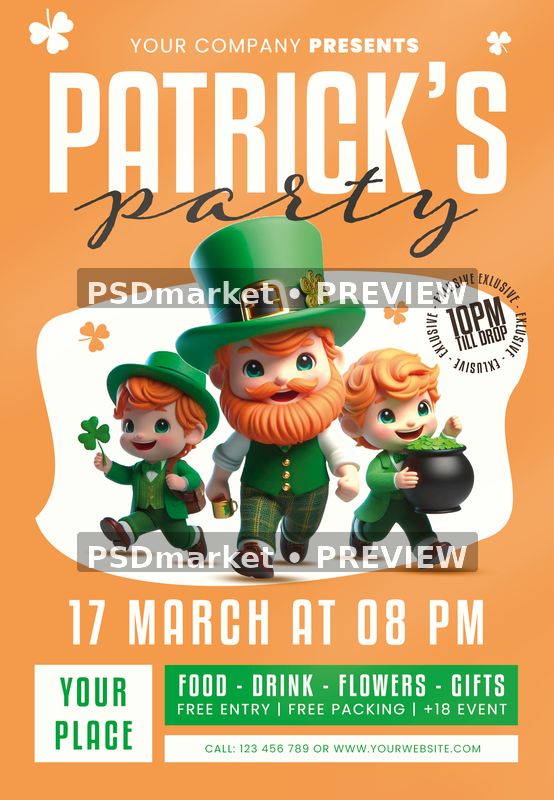 Patricks Party Orange Leprechaun Trio Flyer PSD Template — PSD template preview