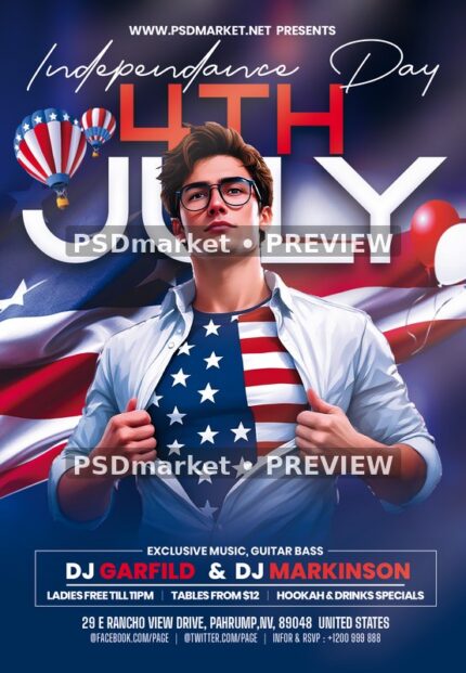 Patriotic Man Fourth of July Event Flyer — reduced watermarked preview of the supplied artwork
