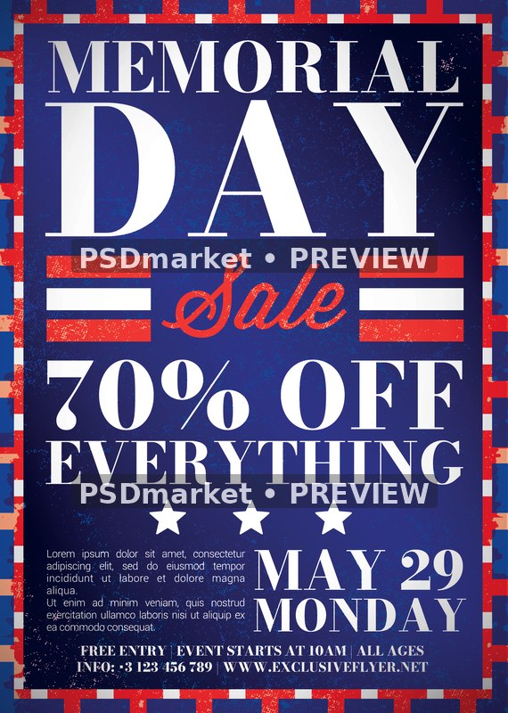 Patriotic Red Blue Memorial Day Sale Flyer PSD Template — PSD template preview
