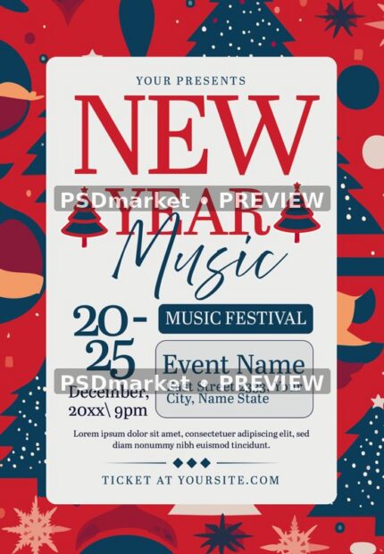 Patterned New Year Music Festival Flyer PSD Template — reduced watermarked source artwork preview