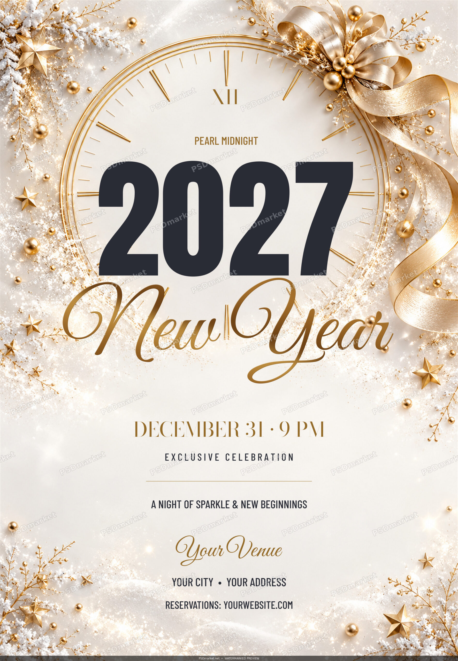 Pearl Midnight 2027 Ivory and Gold New Year PSD Flyer — PSD template preview