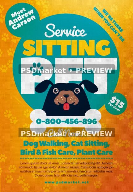Pet Sitting Cartoon Dog Service Flyer PSD Template — PSD template preview