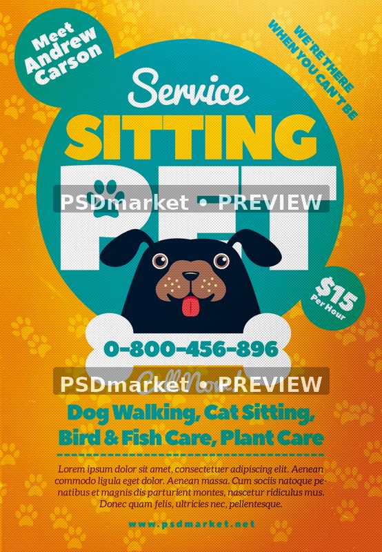 Pet Sitting Cartoon Dog Service Flyer PSD Template — PSD template preview