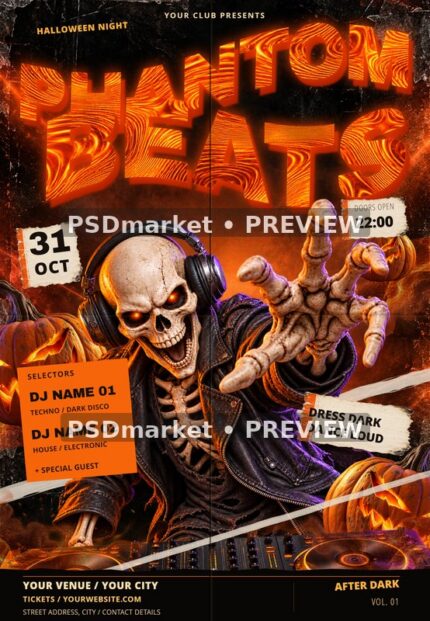 Phantom Beats Halloween Night flyer with a skeletal DJ and glowing orange headline; reduced watermarked PSD preview