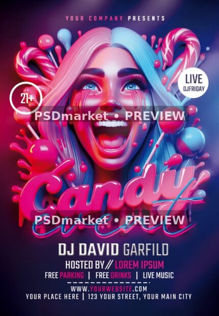 Pink and Blue Candy Event Flyer PSD Template — PSD template preview