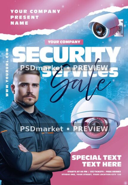 Pink and Blue Security Services Flyer PSD Template — PSD template preview