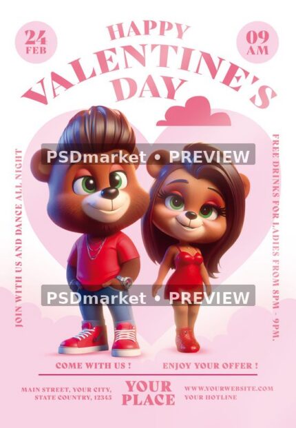 Pink Bear Couple Valentine Party Flyer PSD Template — PSD template preview