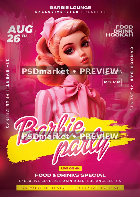 Pink Bow Doll Barbie Party Flyer PSD Template — PSD template preview