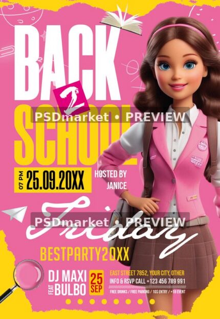 Pink and yellow school party flyer with brunette fashion doll, tall lettering, classroom icons and Friday script