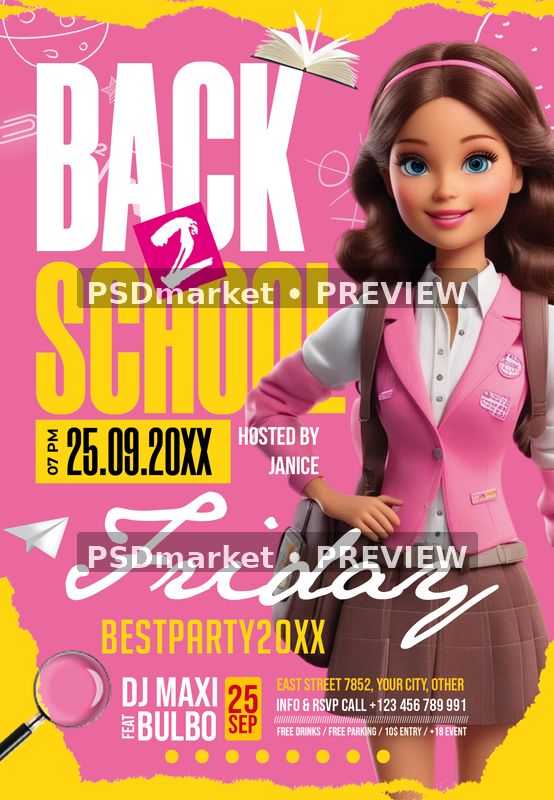 Pink Brunette Doll School Party Flyer PSD Template — PSD template preview