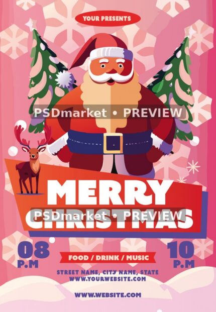Pink Cartoon Santa Merry Christmas Flyer PSD Template — reduced watermarked source artwork preview