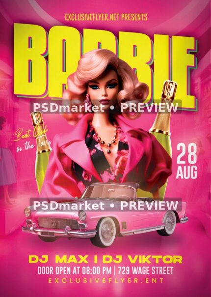 Pink Convertible Barbie Event Flyer — reduced watermarked source artwork preview