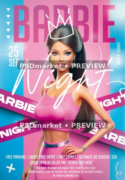 Pink Crown Barbie Night Flyer PSD Template — PSD template preview