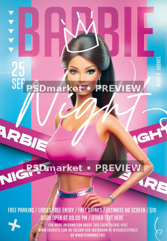 Pink Crown Barbie Night Flyer PSD Template — PSD template preview