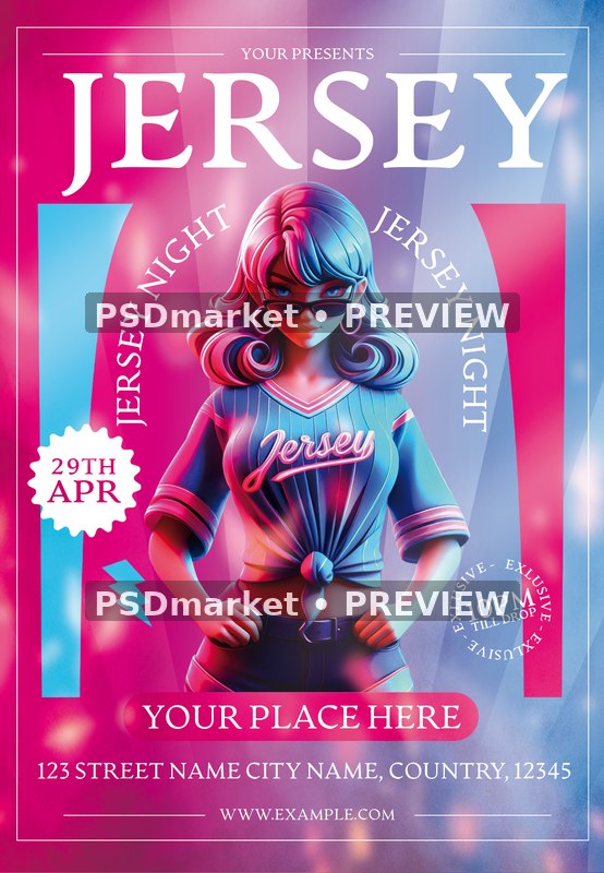 Pink Cyan Curved Type Jersey Night Flyer — reduced watermarked source artwork preview