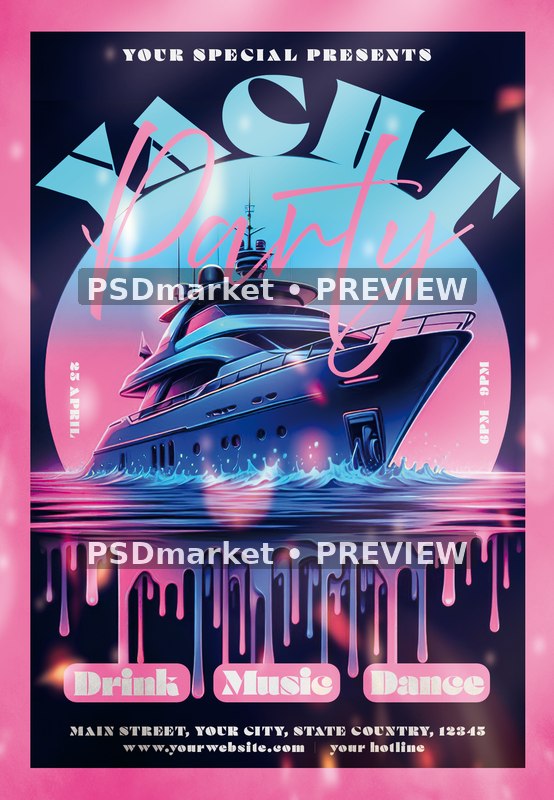 Pink Cyan Dripping Yacht Party Flyer PSD Template — PSD template preview