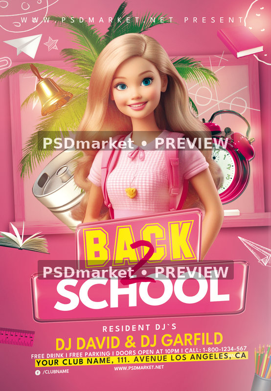 Pink Doll Back to School Party Flyer PSD Template — PSD template preview