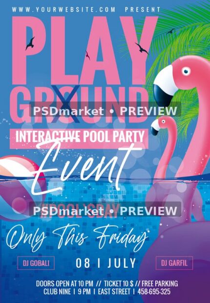 Blue pool party flyer with pink flamingo floats and palm leaves, with two horizontal PSDmarket preview watermarks